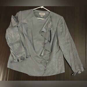 Adrianna Papell Woman 100% Silk Elegant Gray Ruffle Button Up Jacket Top Size 16